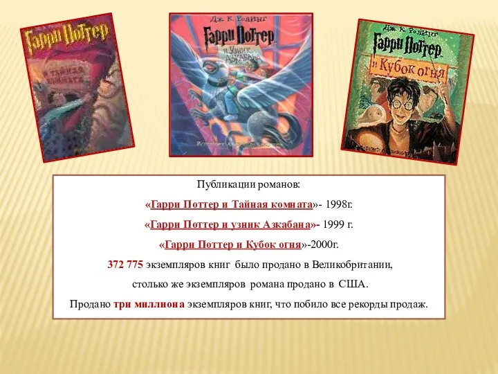 Публикации романов: «Гарри Поттер и Тайная комната»- 1998г. «Гарри Поттер