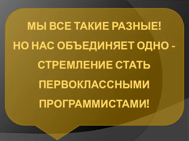 МЫ ВСЕ ТАКИЕ РАЗНЫЕ! НО НАС ОБЪЕДИНЯЕТ ОДНО - СТРЕМЛЕНИЕ СТАТЬ ПЕРВОКЛАССНЫМИ ПРОГРАММИСТАМИ!