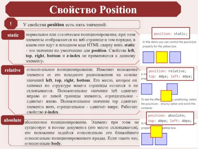 Cвойство Position У свойства position есть пять значений: абсолютное позиционирование.