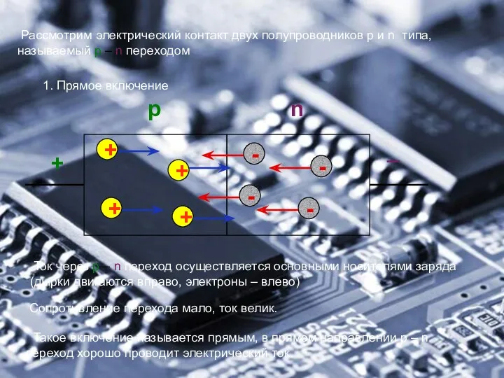 Рассмотрим электрический контакт двух полупроводников p и n типа, называемый