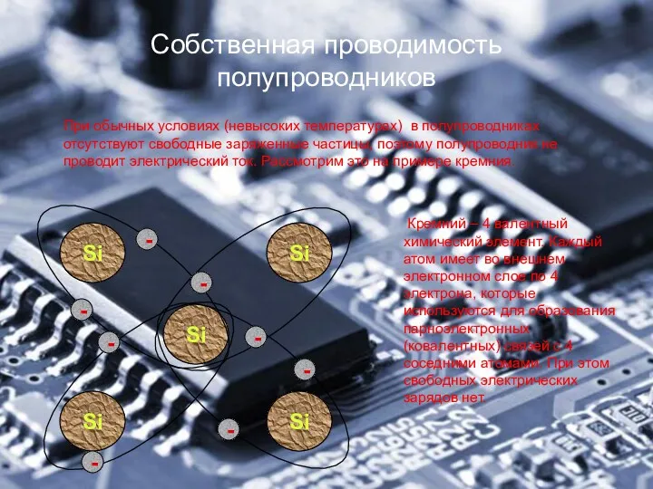 Собственная проводимость полупроводников При обычных условиях (невысоких температурах) в полупроводниках