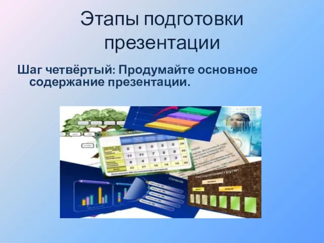 Этапы подготовки презентации Шаг четвёртый: Продумайте основное содержание презентации.