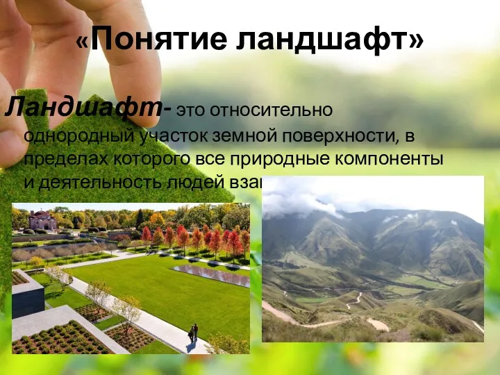 «Понятие ландшафт» Ландшафт- это относительно однородный участок земной поверхности, в