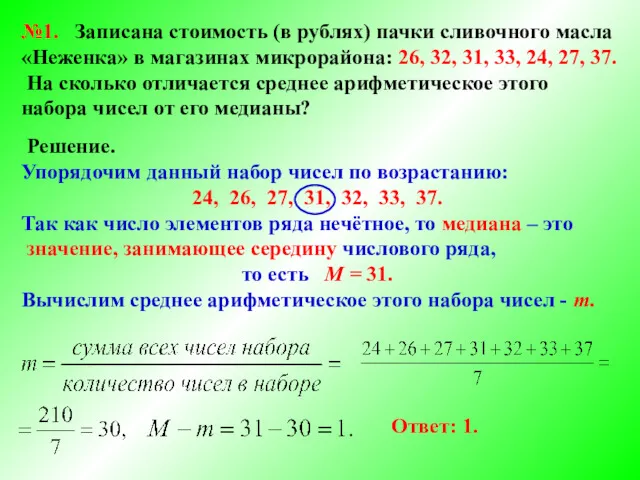 №1. Записана стоимость (в рублях) пачки сливочного масла «Неженка» в магазинах микрорайона: 26,