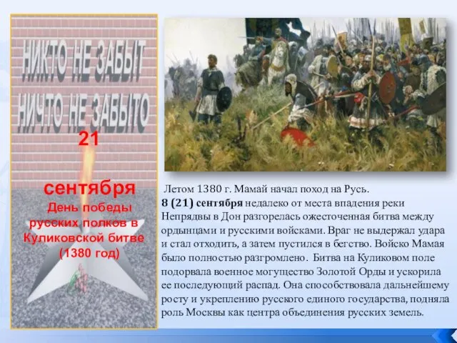 21 сентября День победы русских полков в Куликовской битве (1380