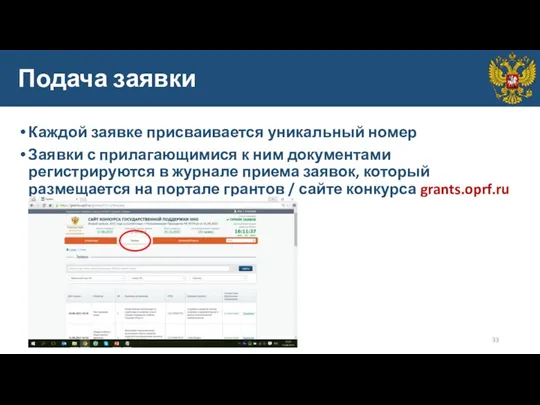 Подача заявки Каждой заявке присваивается уникальный номер Заявки с прилагающимися