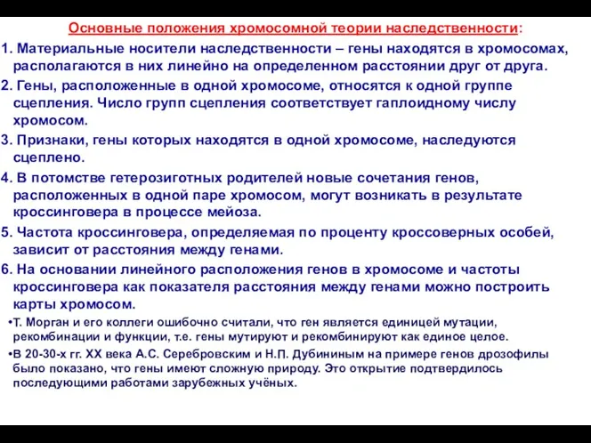 Основные положения хромосомной теории наследственности: Материальные носители наследственности – гены находятся в хромосомах,