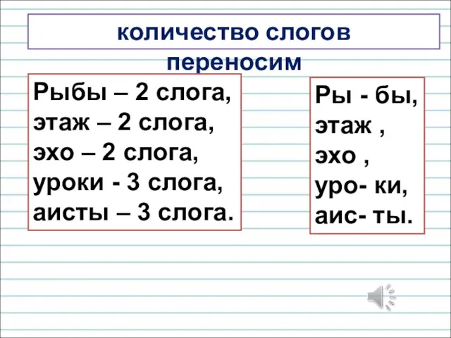 количество слогов переносим Рыбы – 2 слога, этаж – 2