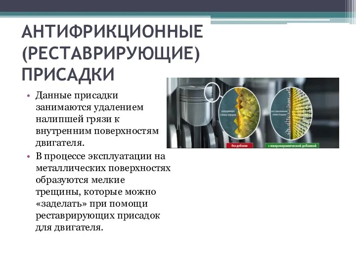 АНТИФРИКЦИОННЫЕ (РЕСТАВРИРУЮЩИЕ) ПРИСАДКИ Данные присадки занимаются удалением налипшей грязи к