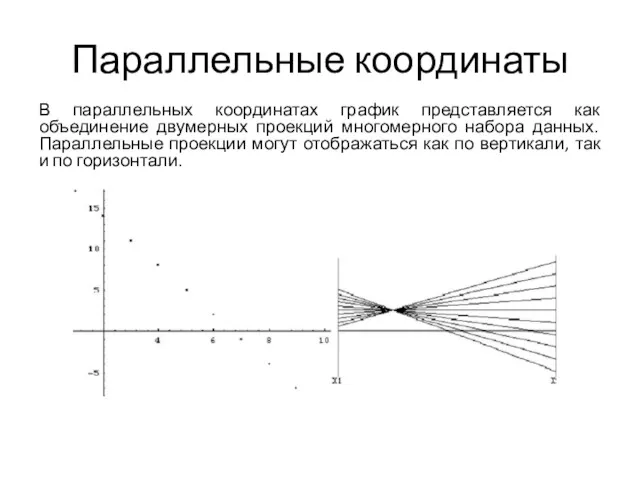 Параллельные координаты В параллельных координатах график представляется как объединение двумерных проекций многомерного набора