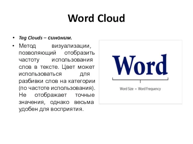Word Cloud Tag Clouds – синоним. Метод визуализации, позволяющий отобразить частоту использования слов