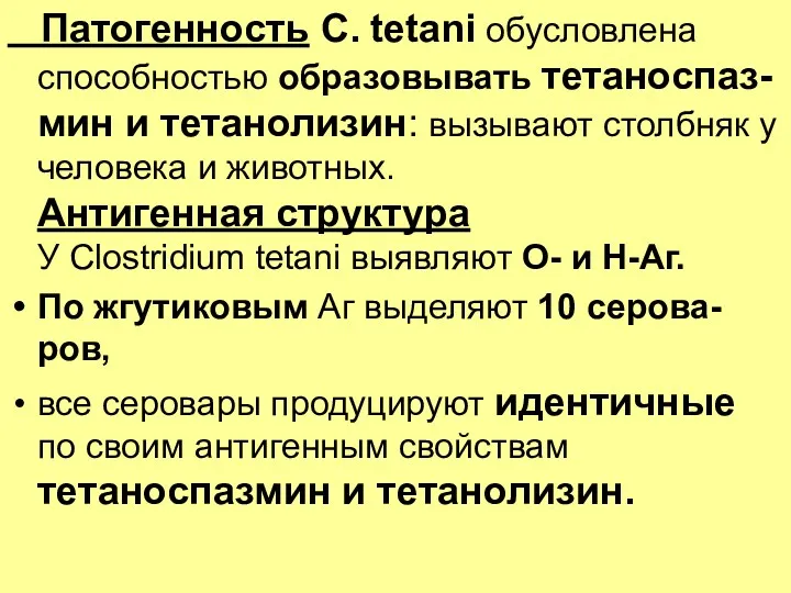 Патогенность C. tetani обусловлена способностью образовывать тетаноспаз-мин и тетанолизин: вызывают