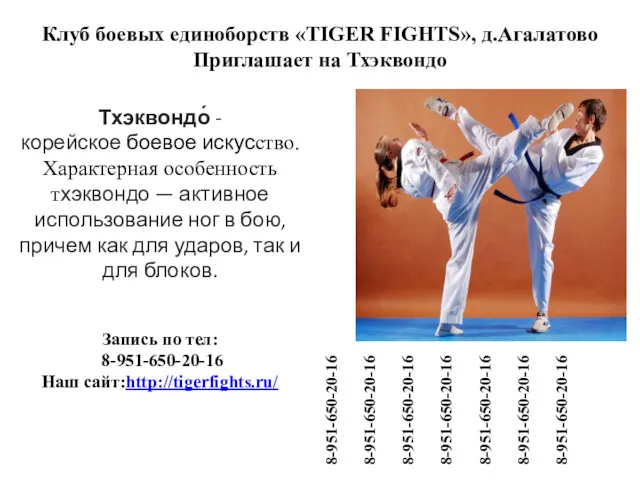 Клуб боевых единоборств «TIGER FIGHTS», д.Агалатово Приглашает на Тхэквондо Тхэквондо́