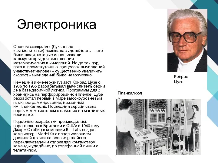 Электроника Словом «computer» (буквально — «вычислитель») называлась должность — это были люди, которые