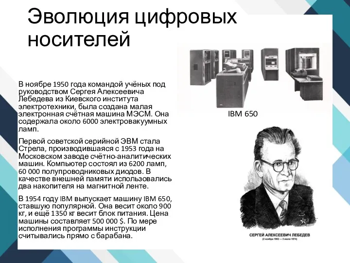 Эволюция цифровых носителей В ноябре 1950 года командой учёных под руководством Сергея Алексеевича