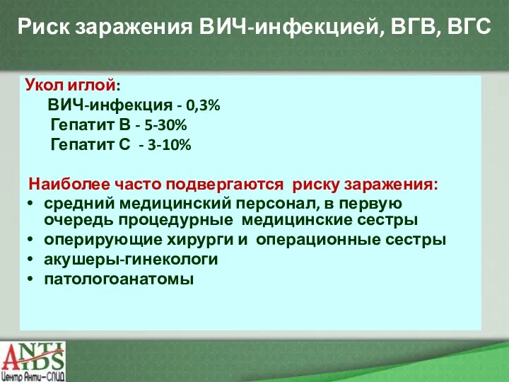 Риск заражения ВИЧ-инфекцией, ВГВ, ВГС Укол иглой: ВИЧ-инфекция - 0,3%