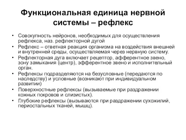 Функциональная единица нервной системы – рефлекс Совокупность нейронов, необходимых для