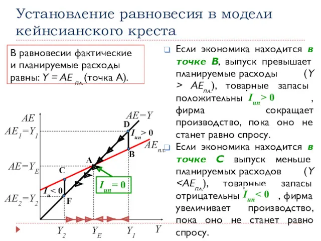 Iu В равновесии фактические и планируемые расходы равны: Y = AE пл. (точка