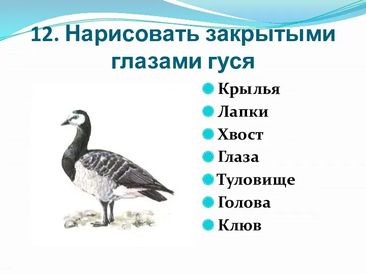 12. Нарисовать закрытыми глазами гуся Крылья Лапки Хвост Глаза Туловище Голова Клюв