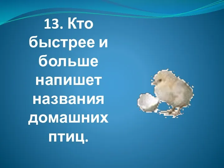 13. Кто быстрее и больше напишет названия домашних птиц.