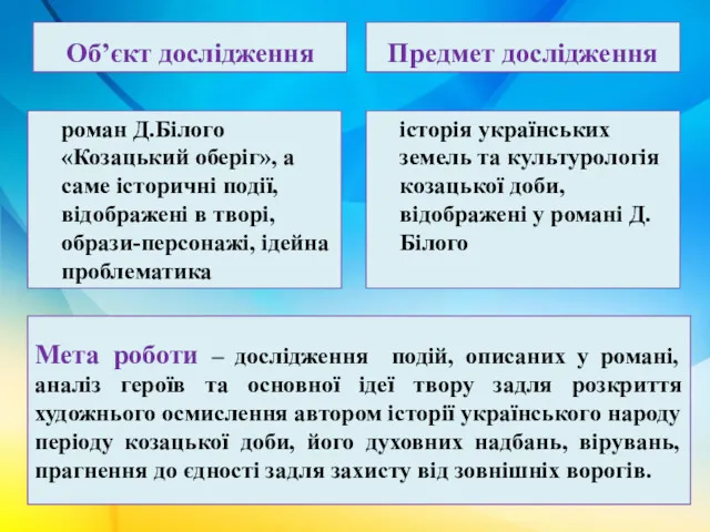 Мета роботи – дослідження подій, описаних у романі, аналіз героїв