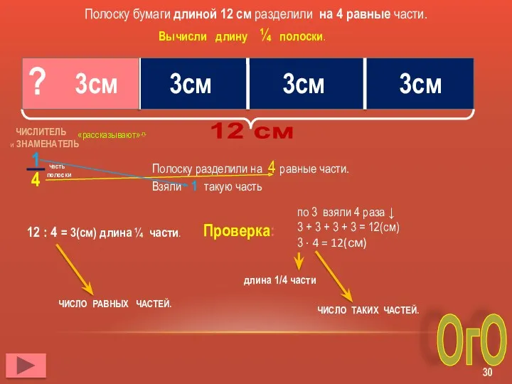 Полоску бумаги длиной 12 см разделили на 4 равные части.