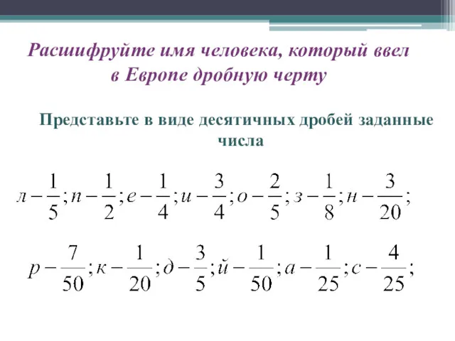 Расшифруйте имя человека, который ввел в Европе дробную черту Представьте в виде десятичных дробей заданные числа