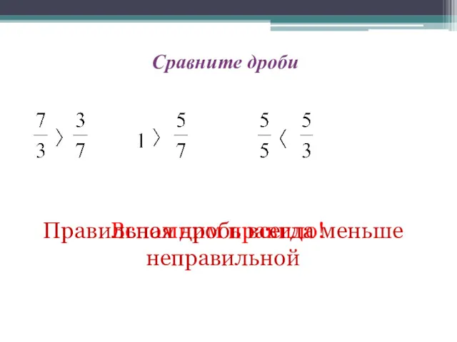 Сравните дроби Вспомним правило! Правильная дробь всегда меньше неправильной