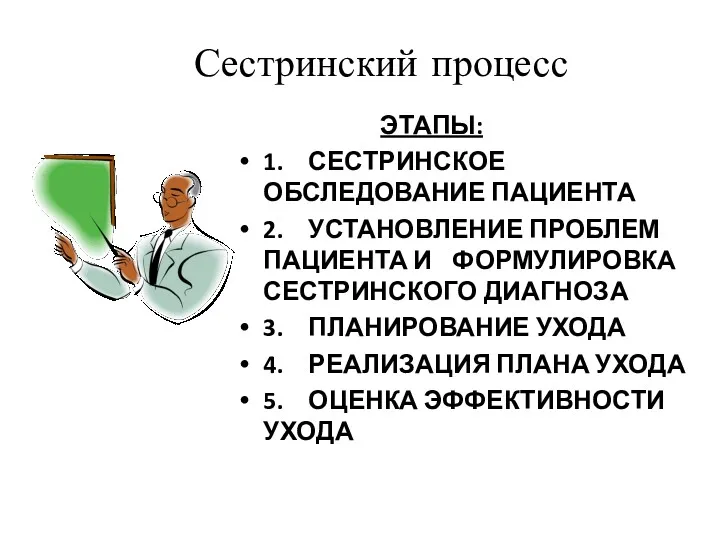 Сестринский процесс ЭТАПЫ: 1. СЕСТРИНСКОЕ ОБСЛЕДОВАНИЕ ПАЦИЕНТА 2. УСТАНОВЛЕНИЕ ПРОБЛЕМ