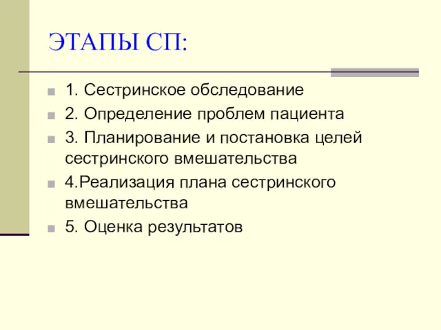 ЭТАПЫ СП: 1. Сестринское обследование 2. Определение проблем пациента 3.