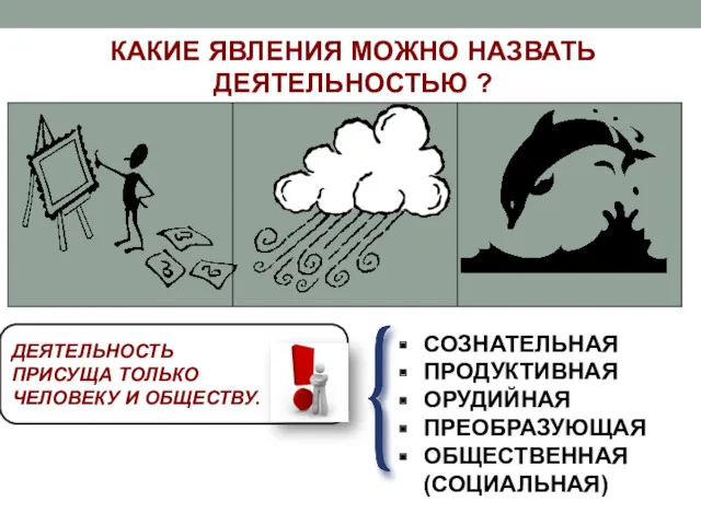 ДЕЯТЕЛЬНОСТЬ ПРИСУЩА ТОЛЬКО ЧЕЛОВЕКУ И ОБЩЕСТВУ. КАКИЕ ЯВЛЕНИЯ МОЖНО НАЗВАТЬ