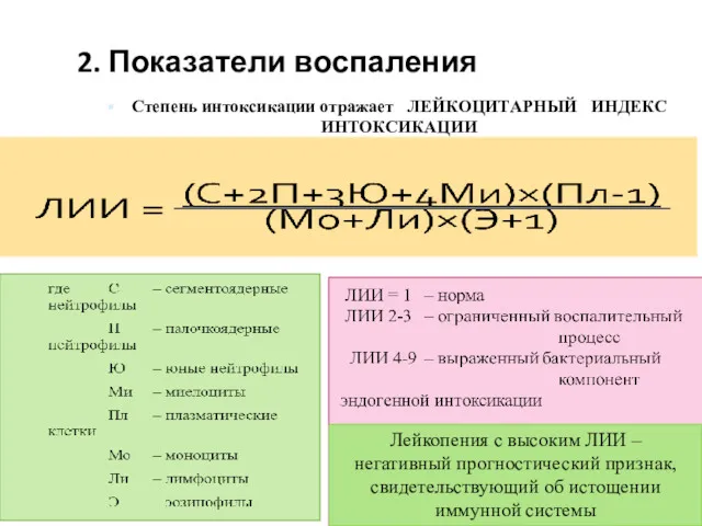 2. Показатели воспаления Степень интоксикации отражает ЛЕЙКОЦИТАРНЫЙ ИНДЕКС ИНТОКСИКАЦИИ Лейкопения