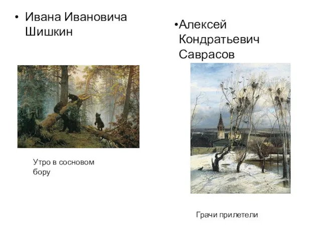 Ивана Ивановича Шишкин Утро в сосновом бору Алексей Кондратьевич Саврасов Грачи прилетели