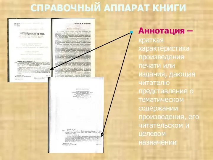 СПРАВОЧНЫЙ АППАРАТ КНИГИ Аннотация – краткая характеристика произведения печати или