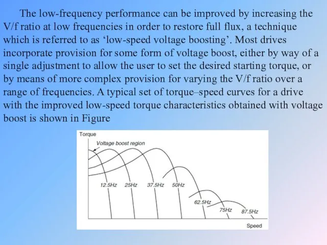The low-frequency performance can be improved by increasing the V/f ratio at low