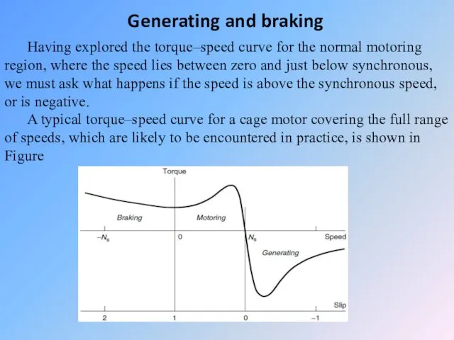 Generating and braking Having explored the torque–speed curve for the normal motoring region,
