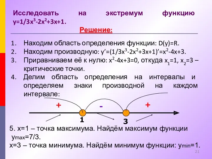 Исследовать на экстремум функцию y=1/3x3-2x2+3x+1. Решение: Находим область определения функции:
