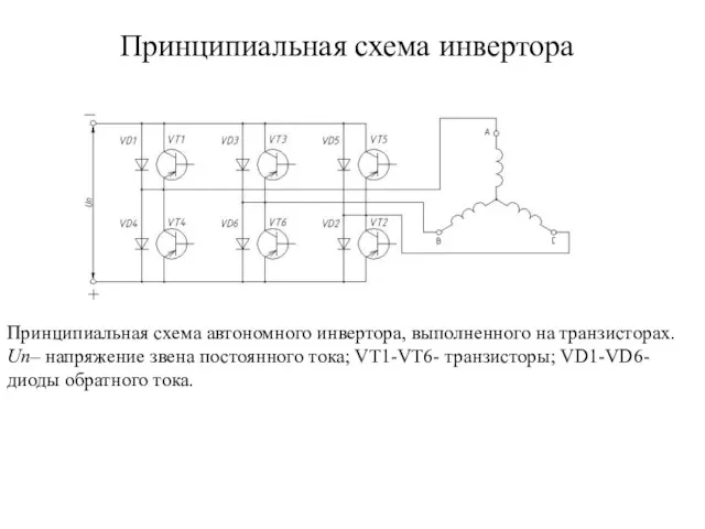 Принципиальная схема инвертора Принципиальная схема автономного инвертора, выполненного на транзисторах.