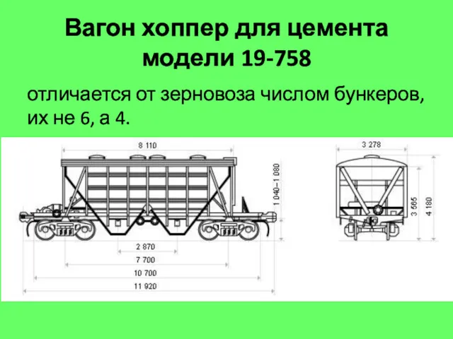 Вагон хоппер для цемента модели 19-758 отличается от зерновоза числом бункеров, их не 6, а 4.