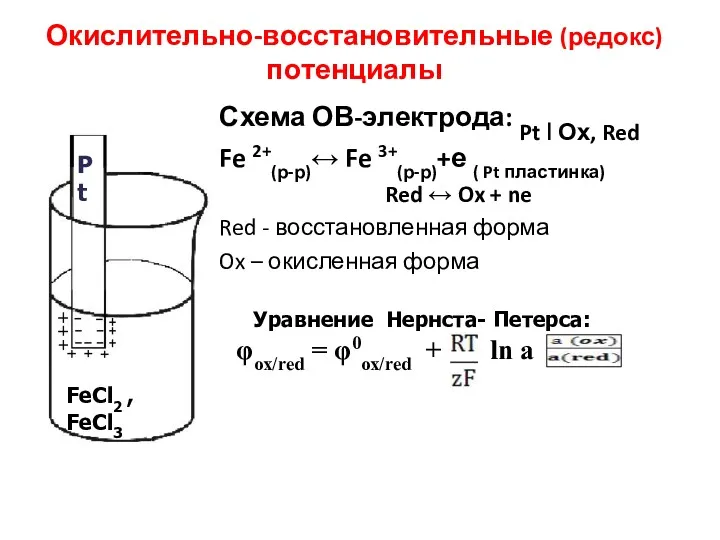 Окислительно-восстановительные (редокс) потенциалы Схема ОВ-электрода: Pt ǀ Ох, Red Fe