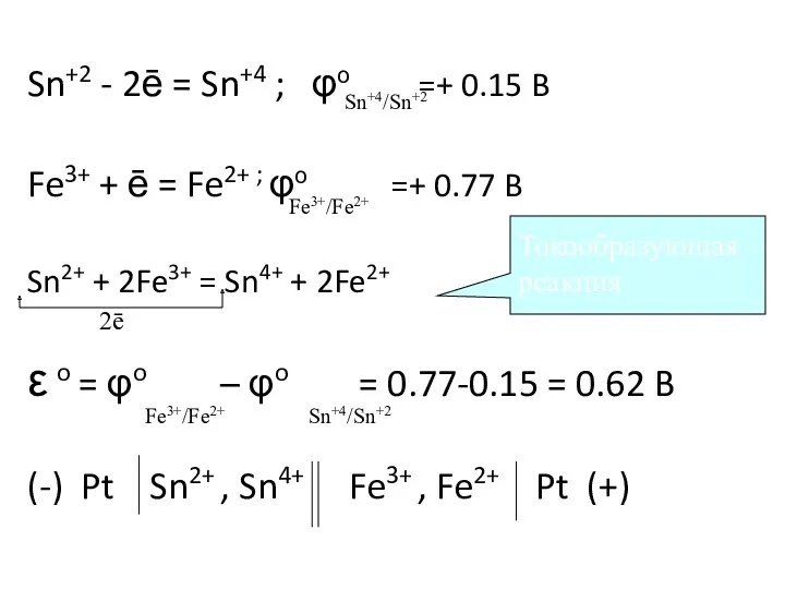 Sn+2 - 2ē = Sn+4 ; φо =+ 0.15 B