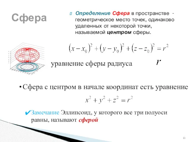 Сфера Определение Сфера в пространстве - геометрическое место точек, одинаково