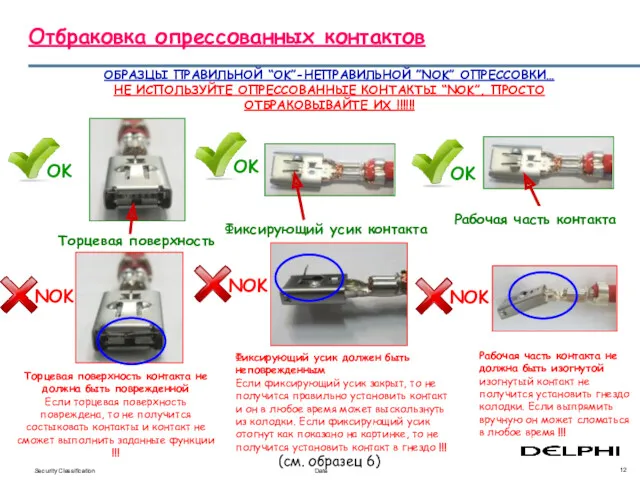 ОБРАЗЦЫ ПРАВИЛЬНОЙ “OK”-НЕПРАВИЛЬНОЙ ”NOK” ОПРЕССОВКИ… НЕ ИСПОЛЬЗУЙТЕ ОПРЕССОВАННЫЕ КОНТАКТЫ “NOK”,