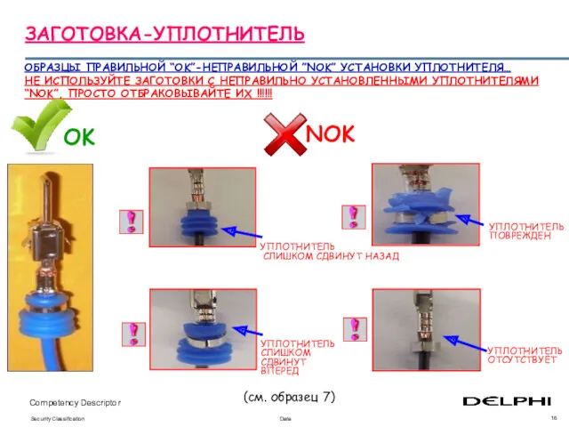 ОБРАЗЦЫ ПРАВИЛЬНОЙ “OK”-НЕПРАВИЛЬНОЙ ”NOK” УСТАНОВКИ УПЛОТНИТЕЛЯ… НЕ ИСПОЛЬЗУЙТЕ ЗАГОТОВКИ С