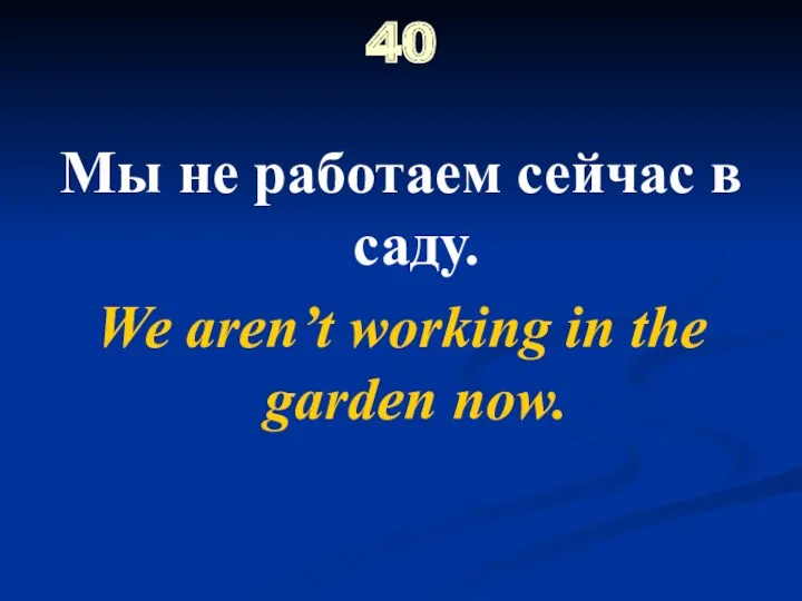 40 Мы не работаем сейчас в саду. We aren’t working in the garden now.