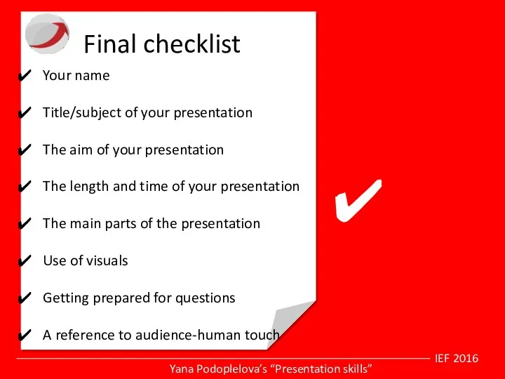 IEF 2016 Yana Podoplelova’s “Presentation skills” Final checklist Your name