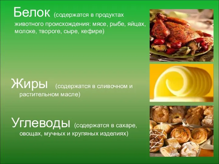 Белок (содержатся в продуктах животного происхождения: мясе, рыбе, яйцах, молоке,