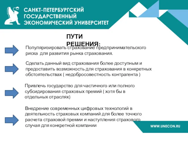 ПУТИ РЕШЕНИЯ: Популяризировать страхование предпринимательского риска для развития рынка страхования.