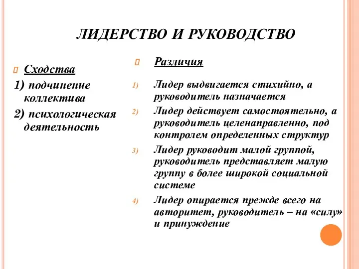 ЛИДЕРСТВО И РУКОВОДСТВО Сходства 1) подчинение коллектива 2) психологическая деятельность