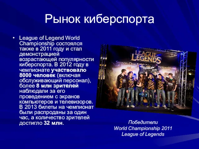 Рынок киберспорта League of Legend World Championship состоялся также в